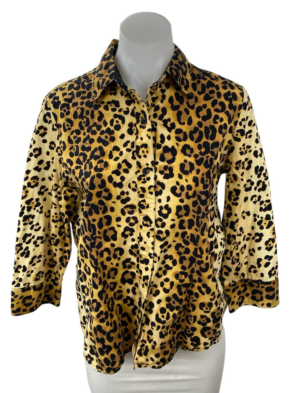 Jones New York Women's Beige Leopard Animal Print Button Down Shirt Top Size M